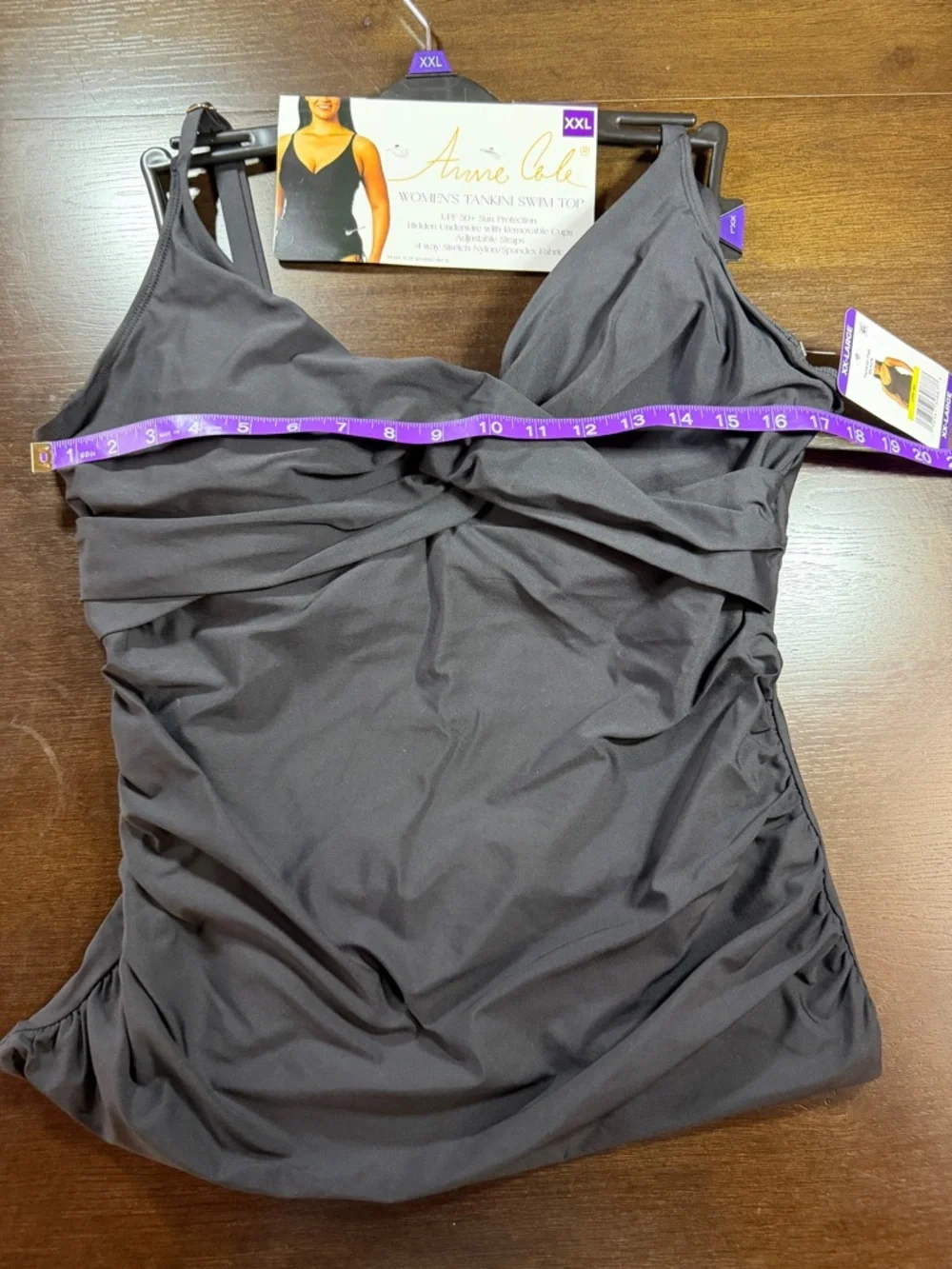 Anne Cole Black V-Neck Rouched Underwire Tankini Top XXL